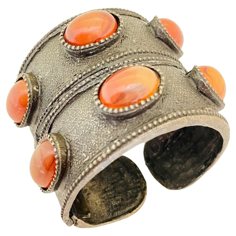 GRAZIANO signed vintage massive silver tone faux carnelian cuff bracelet